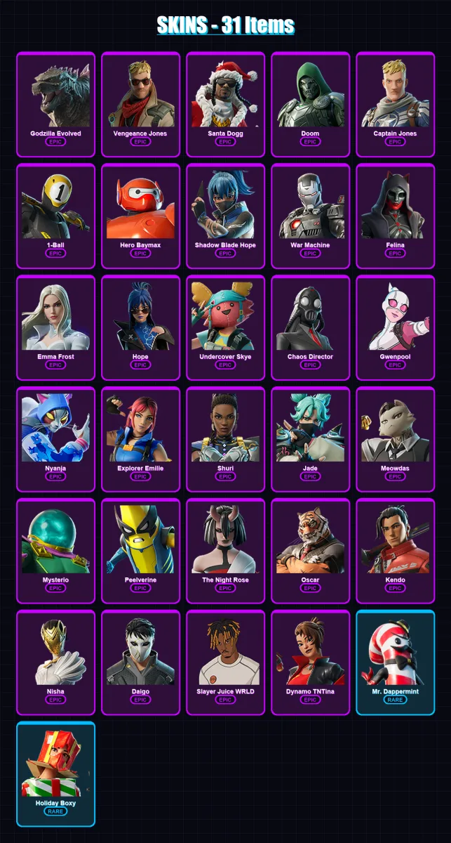[PC/XBOX/PSN] | Godzilla Evolved | Vengeance Jones | Santa Dogg | Doom | Captain Jones | 31 skin | 44 pickaxe | 35 emote | 35 glider | Lv399
