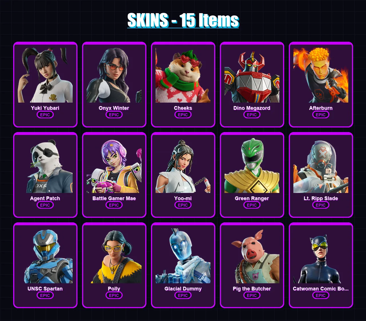 [PC/XBOX/PSN] | Yuki Yubari | Onyx Winter | Cheeks | Dino Megazord | Afterburn | 15 skin | 51 pickaxe | 31 emote | 30 glider | Lv643