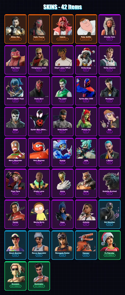 [PC/XBOX/PSN] | Midas Rex | Kado Thorne | Valeria | Peter Griffin | Ahsoka Tano | 42 skin | 55 pickaxe | 45 emote | 36 glider | Lv542