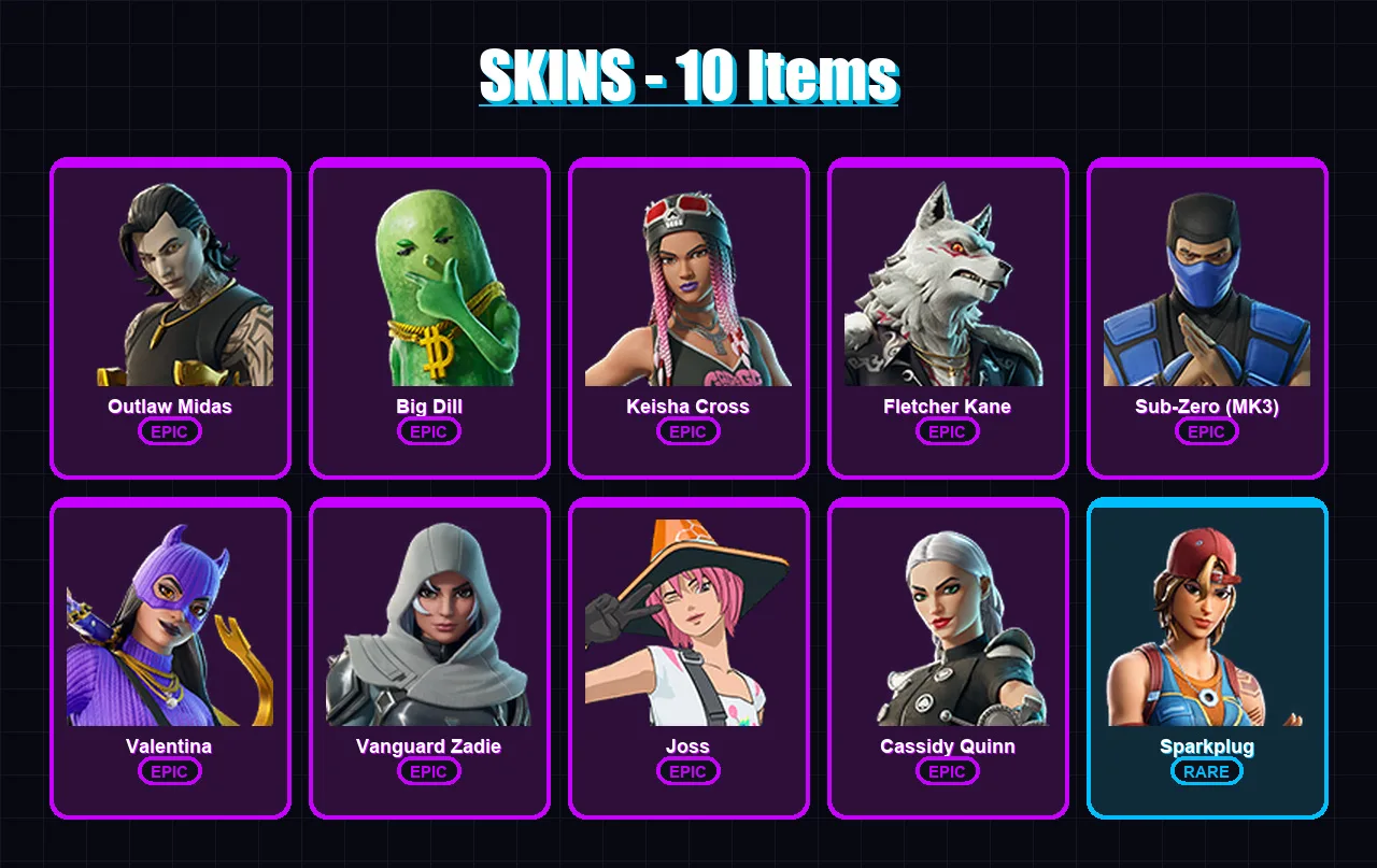 [PC/XBOX/PSN] | Outlaw Midas | Big Dill | Keisha Cross | Fletcher Kane | Sub-Zero (MK3) | 10 skin | 25 pickaxe | 14 emote | 16 glider | Lv329