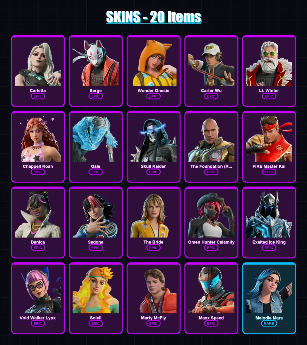 [PC/PSN] | Carletta | Serge | Wonder Onesie | Carter Wu | Lt. Winter | 20 skin | 16 pickaxe | 11 emote | 10 glider | Lv35