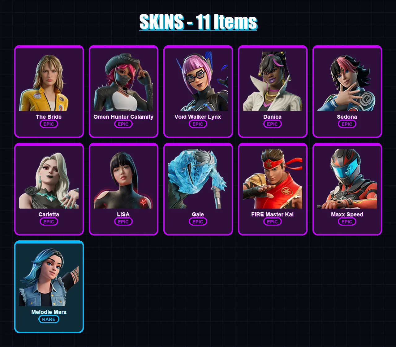 [PC/XBOX/PSN] | The Bride | Omen Hunter Calamity | Void Walker Lynx | Danica | Sedona | 11 skin | 9 pickaxe | 2 emote | 1 glider | Lv9