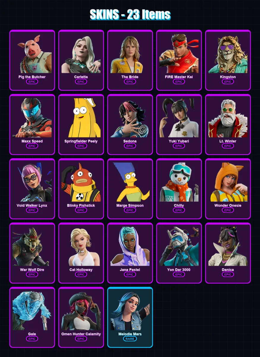 [PC/PSN] | Pig the Butcher | Carletta | The Bride | FIRE Master Kai | Kingston | 23 skin | 44 pickaxe | 24 emote | 19 glider | Lv178