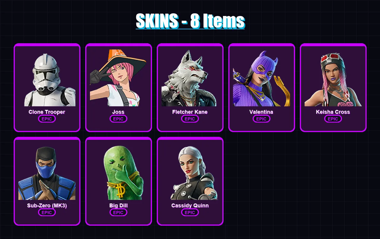 [PC/PSN] | Clone Trooper | Joss | Fletcher Kane | Valentina | Keisha Cross | 8 skin | 29 pickaxe | 20 emote | 27 glider | Lv536