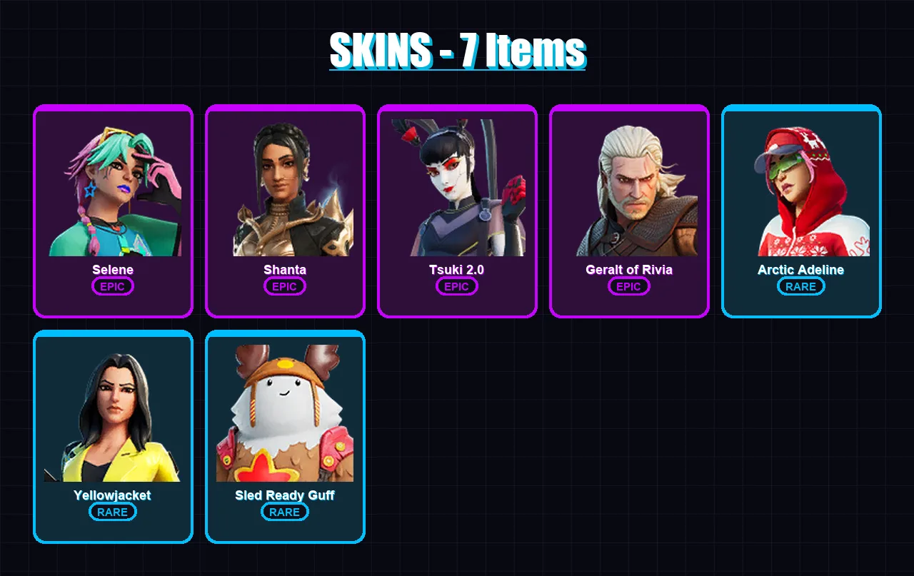 [PS4/PS5/PC] | Selene | Shanta | Tsuki 2.0 | Geralt of Rivia | Arctic Adeline | 7 skin | 19 pickaxe | 19 emote | 26 glider | Lv277