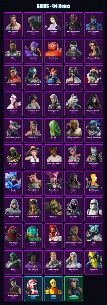 [PC/XBOX/PSN] | Poe Dameron | Godzilla Evolved | Dupli-Kate | Knight Conqueror | Sub-Zero (MK3) | 54 skin | 98 pickaxe | 65 emote | 70 glider | Lv10