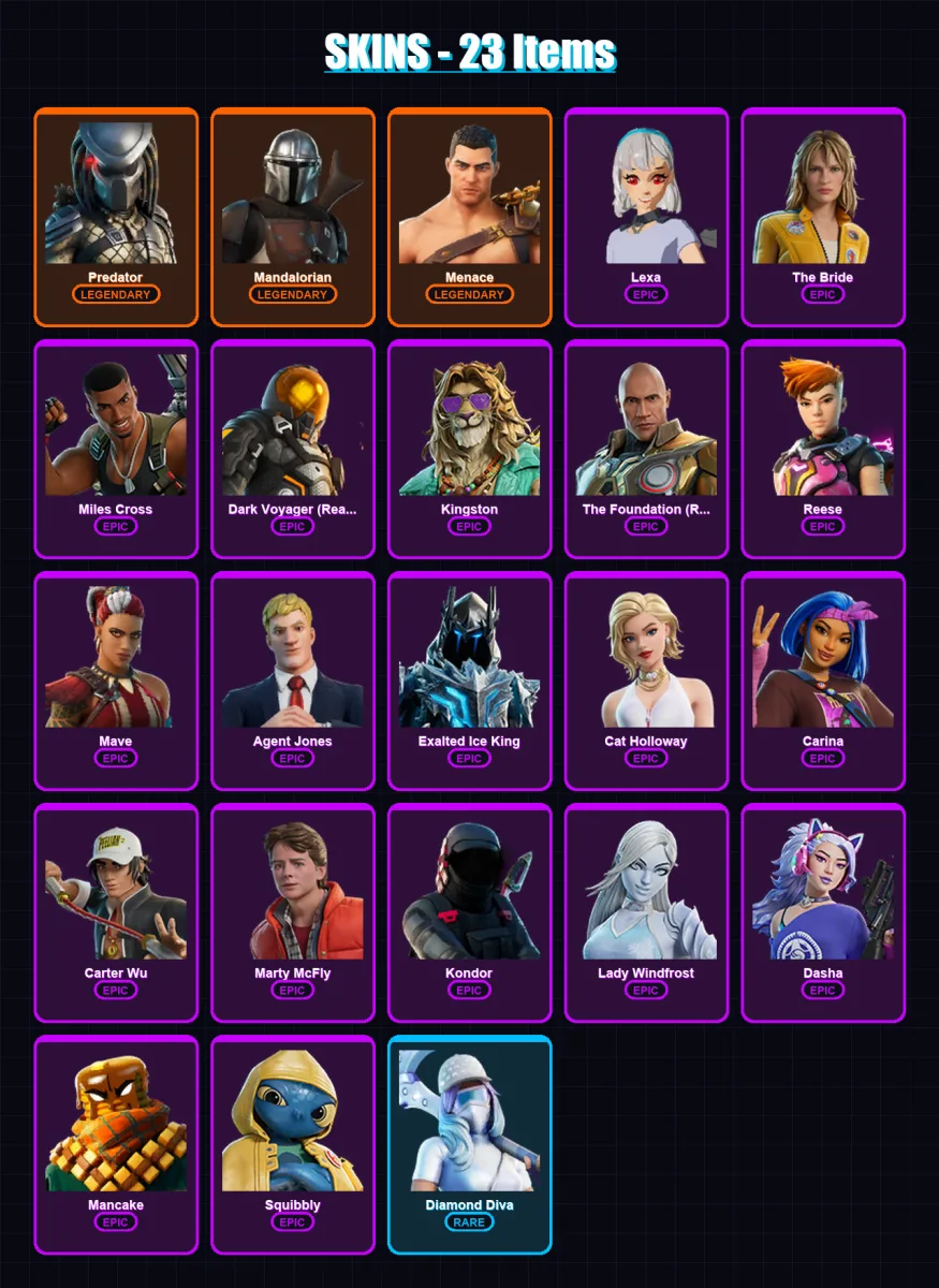 [PS4/PS5/XBOX/PC] | Predator | Mandalorian | Menace | Lexa | The Bride | 23 skin | 40 pickaxe | 25 emote | 31 glider | Lv323