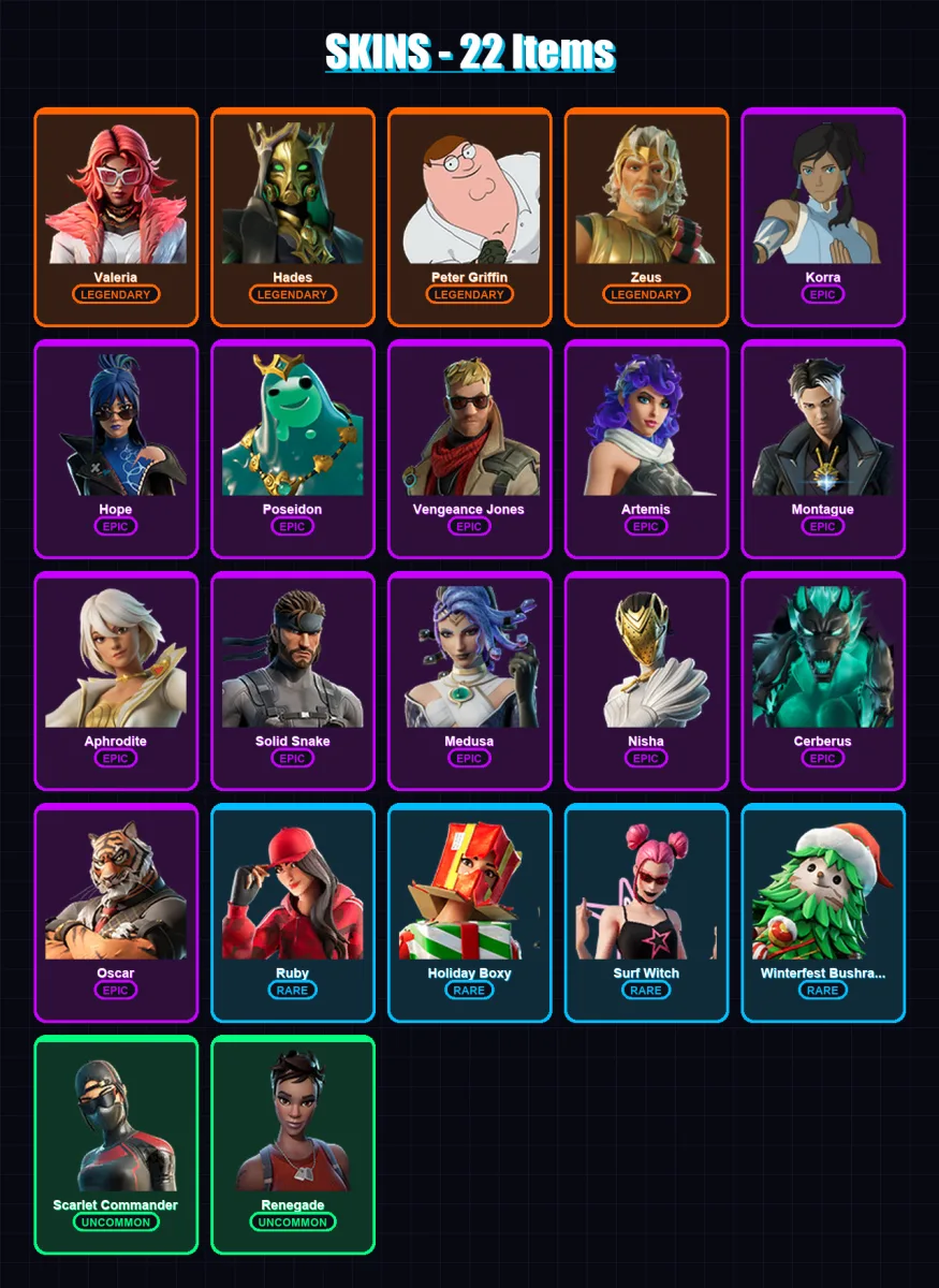 [PC/XBOX/PSN] | Valeria | Hades | Peter Griffin | Zeus | Korra | 22 skin | 25 pickaxe | 27 emote | 25 glider | Lv426