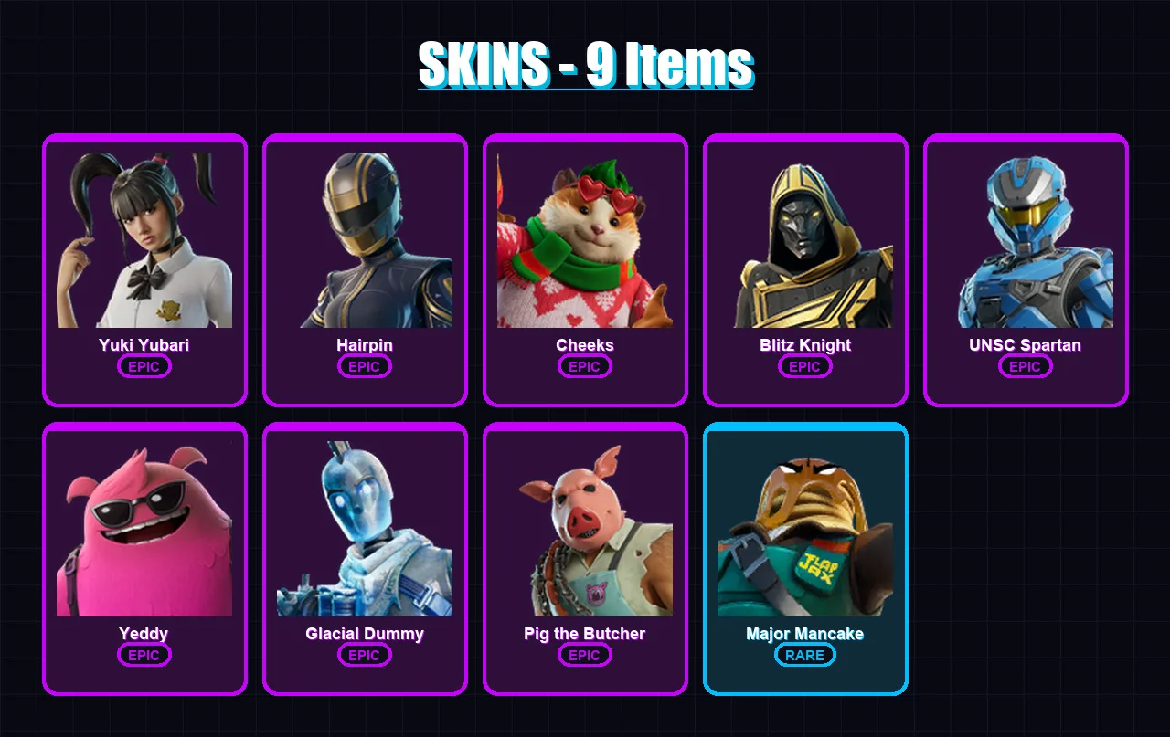[PS4/PS5/XBOX/PC] | Yuki Yubari | Hairpin | Cheeks | Blitz Knight | UNSC Spartan | 9 skin | 62 pickaxe | 28 emote | 40 glider | Lv1684