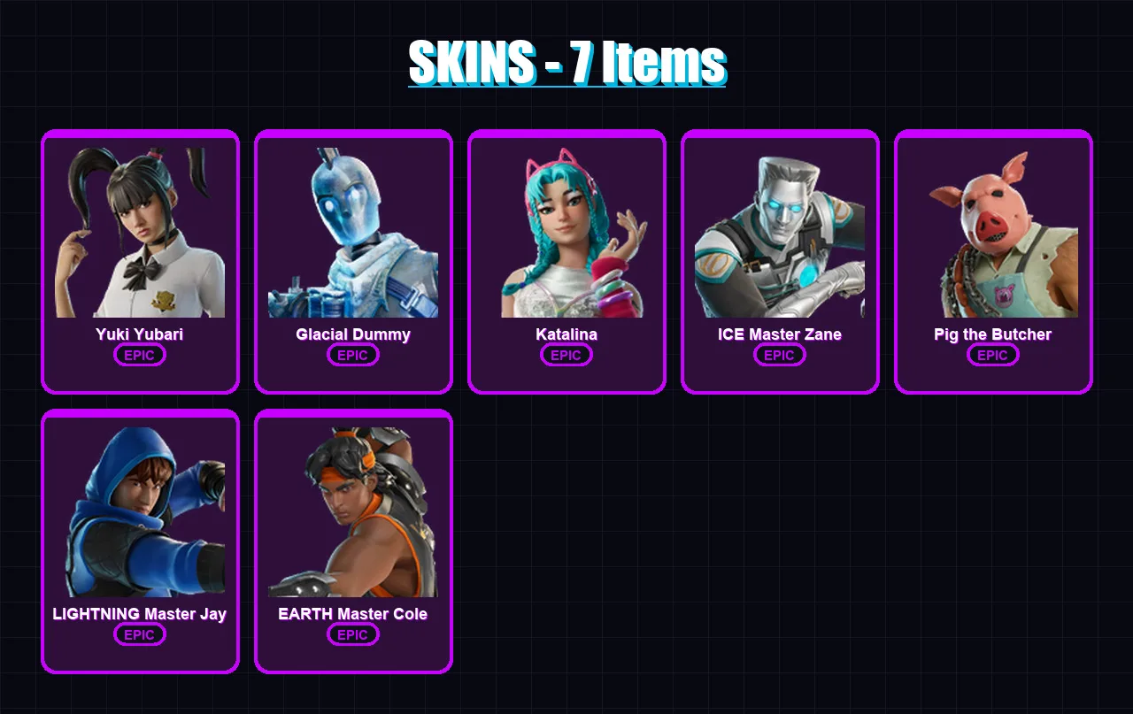 [PC/XBOX] | Yuki Yubari | Glacial Dummy | Katalina | ICE Master Zane | Pig the Butcher | 7 skin | 22 pickaxe | 11 emote | 8 glider | Lv96