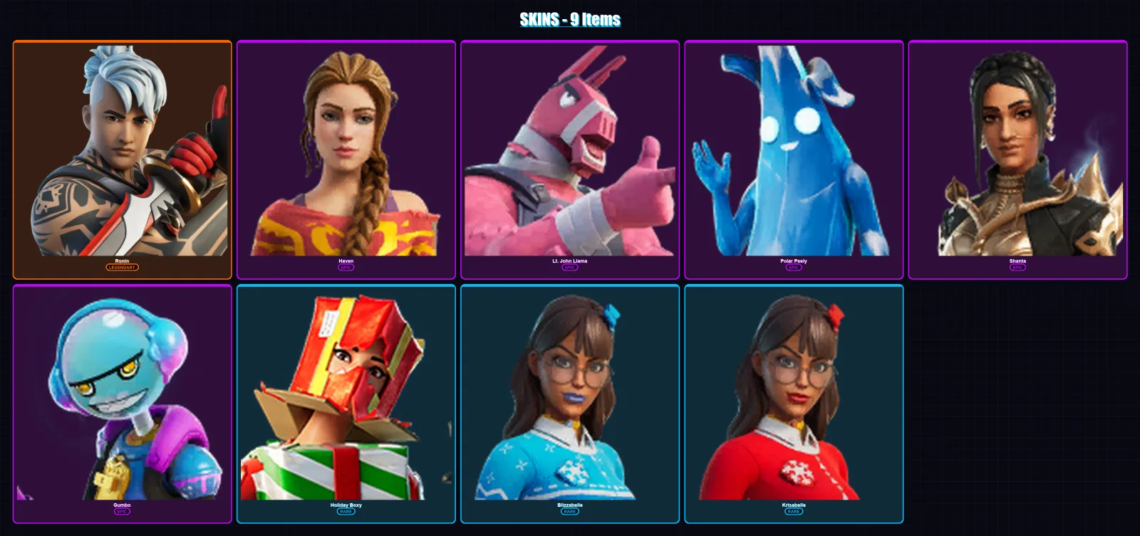 [PC/XBOX/PSN] | Ronin | Haven | Lt. John Llama | Polar Peely | Shanta | 9 skin | 12 pickaxe | 7 emote | 13 glider | Lv153