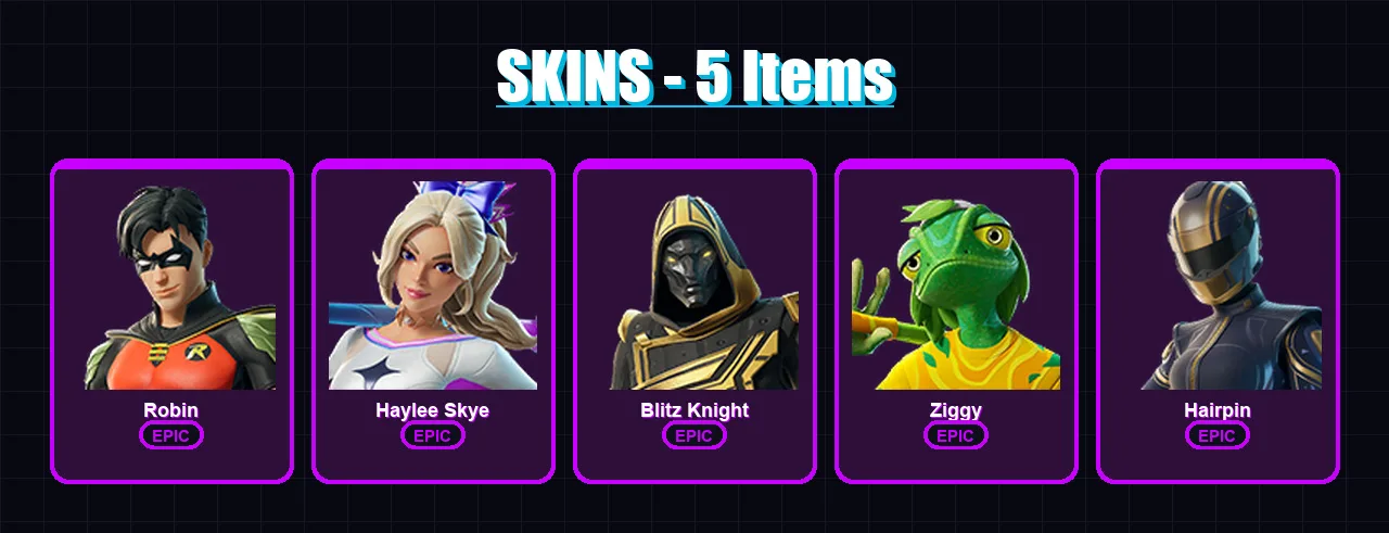 [PC/XBOX/PSN] | Robin | Haylee Skye | Blitz Knight | Ziggy | Hairpin | 5 skin | 10 pickaxe | 10 emote | 9 glider | Lv47