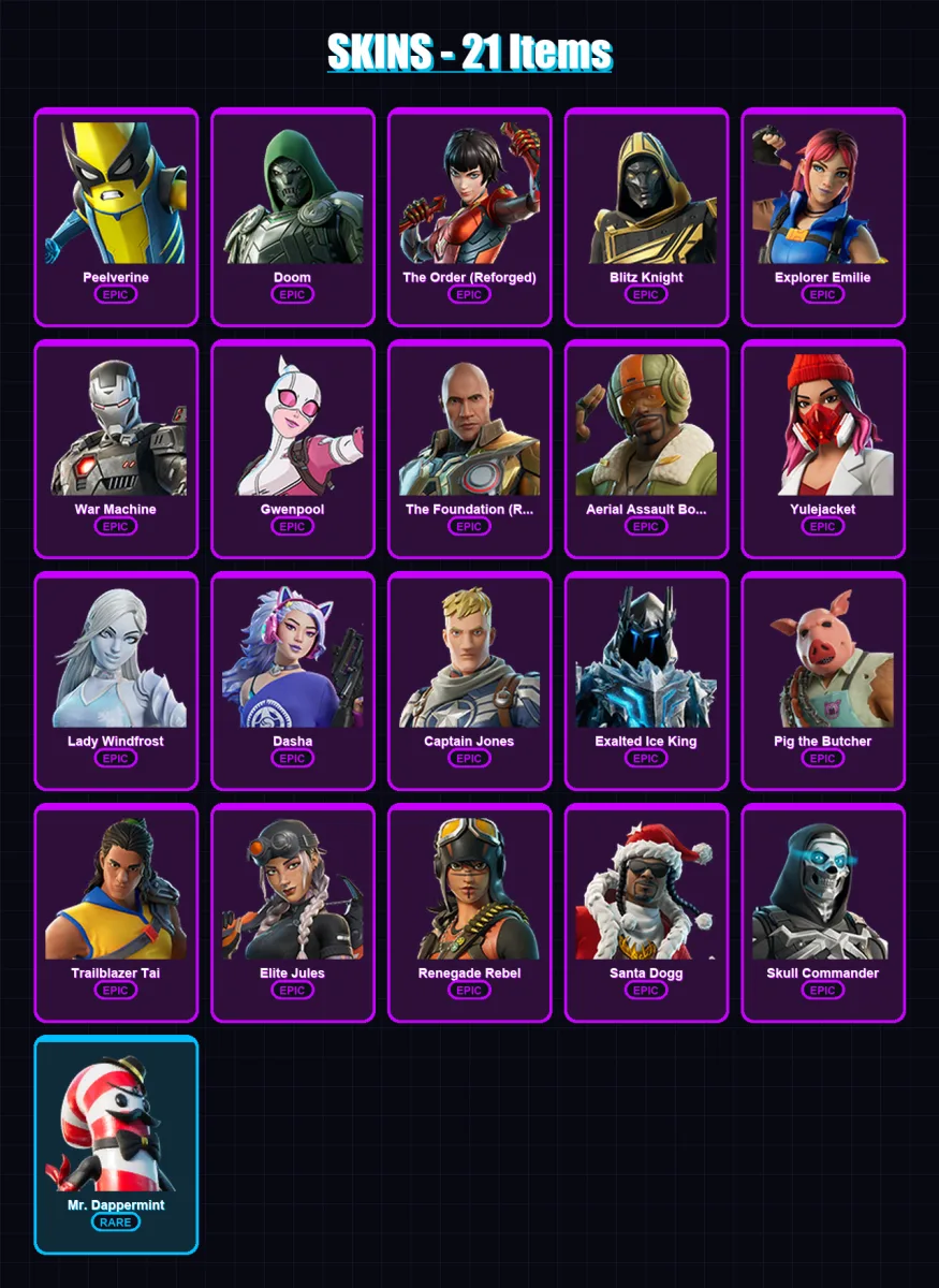 [PC/XBOX/PSN] | Peelverine | Doom | The Order (Reforged) | Blitz Knight | Explorer Emilie | 21 skin | 64 pickaxe | 31 emote | 43 glider | Lv562