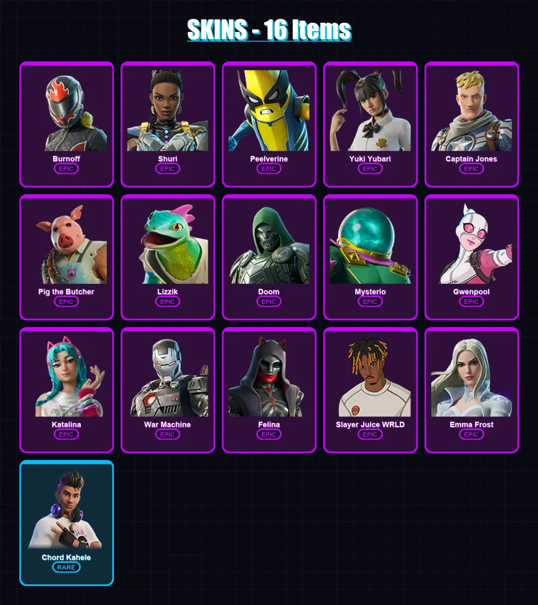 [PC/XBOX/PSN] | Burnoff | Shuri | Peelverine | Yuki Yubari | Captain Jones | 16 skin | 90 pickaxe | 45 emote | 60 glider | Lv926 — Game account