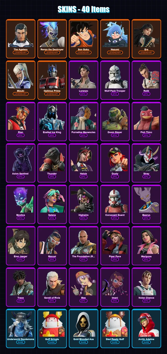 [PC/XBOX/PSN] | The Ageless | Renzo the Destroyer | Son Goku | Nezumi | Era | 40 skin | 46 pickaxe | 31 emote | 44 glider | Lv687
