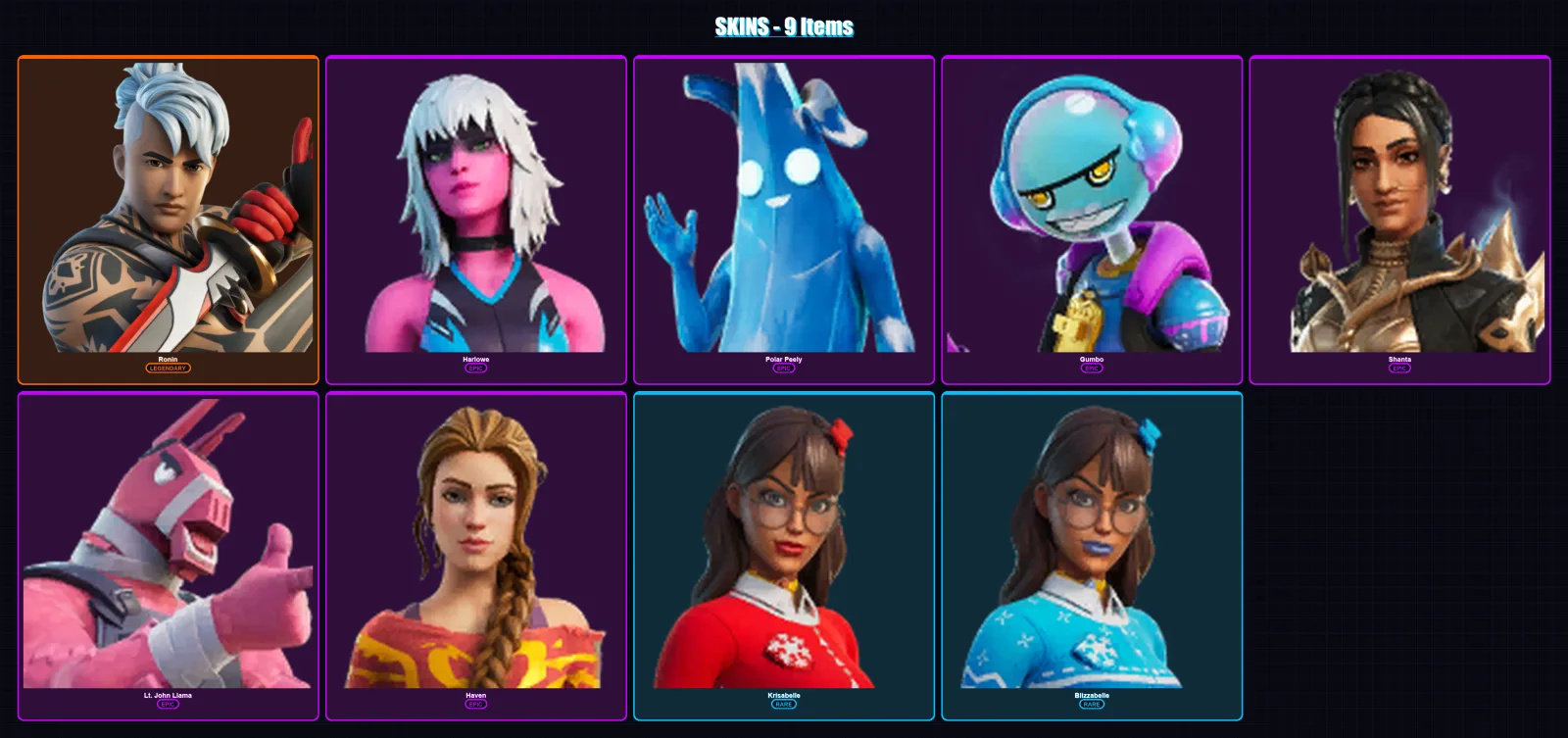 [PC/XBOX] | Ronin | Harlowe | Polar Peely | Gumbo | Shanta | 9 skin | 12 pickaxe | 11 emote | 14 glider | Lv155