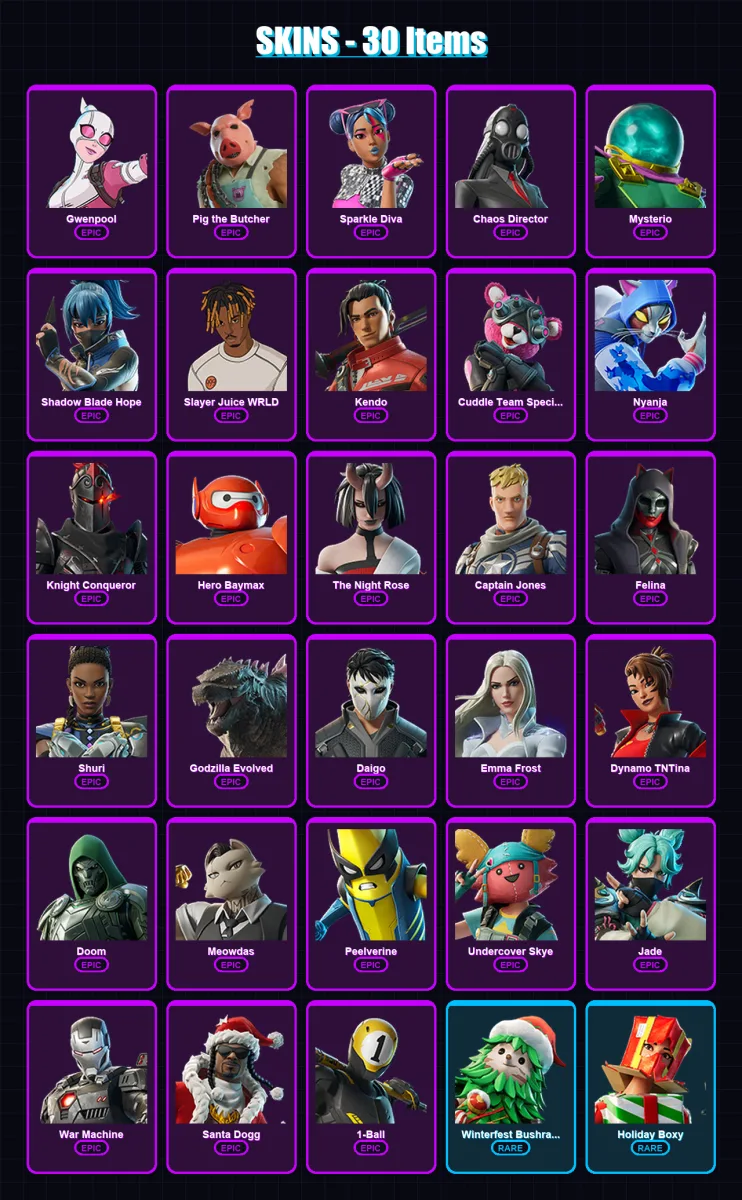 [PC/XBOX] | Gwenpool | Pig the Butcher | Sparkle Diva | Chaos Director | Mysterio | 30 skin | 79 pickaxe | 47 emote | 62 glider | Lv793