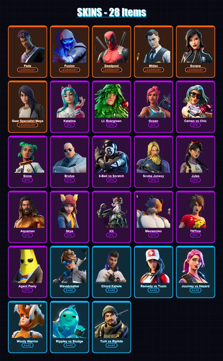 [PC/PSN] | Fade | Fusion | Deadpool | Midas | Sorana | 28 skin | 32 pickaxe | 33 emote | 35 glider | Lv691
