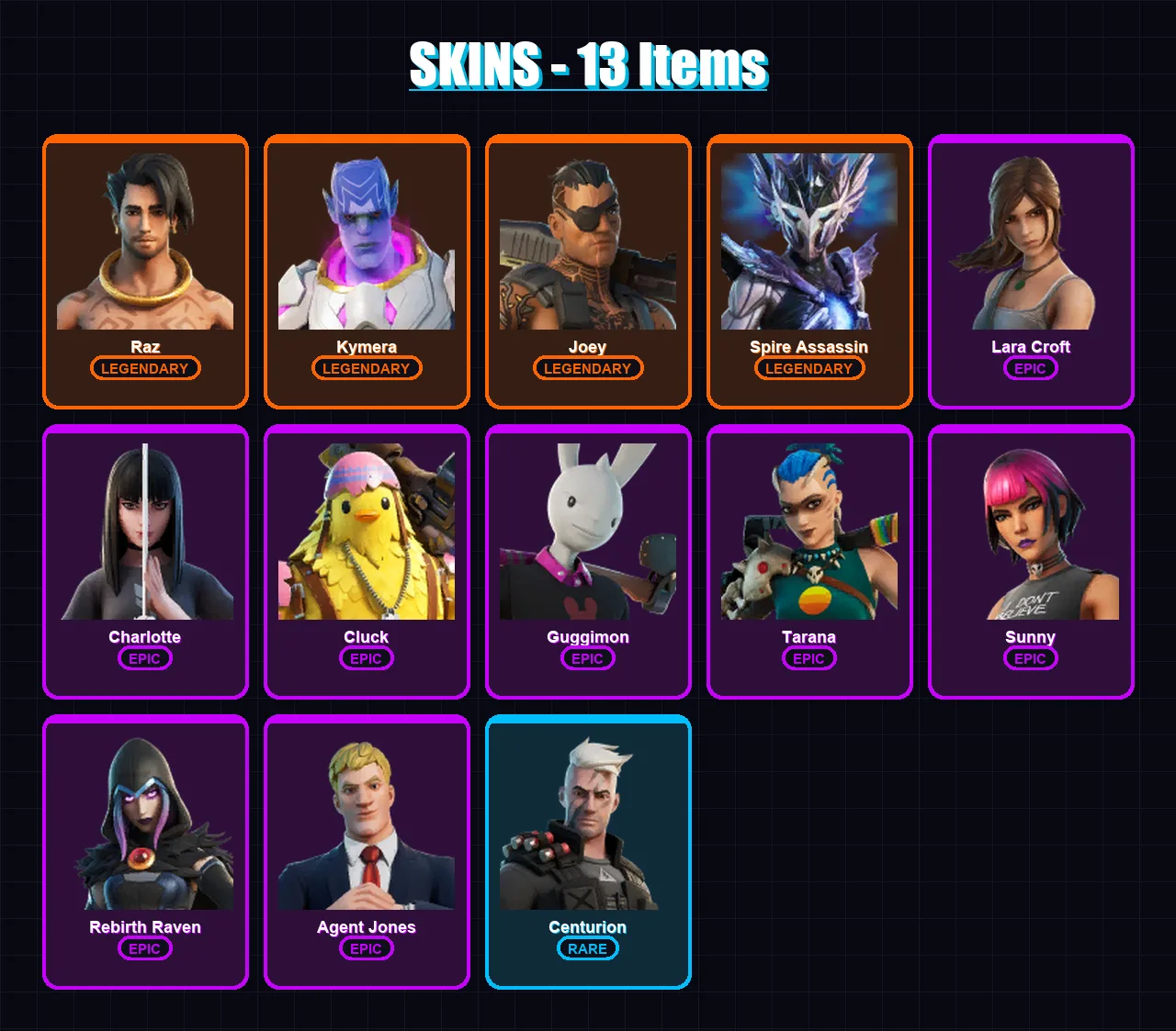 [SWITCH/XBOX/PSN/PC] | Raz | Kymera | Joey | Spire Assassin | Lara Croft | 13 skin | 11 pickaxe | 8 emote | 14 glider | Lv181