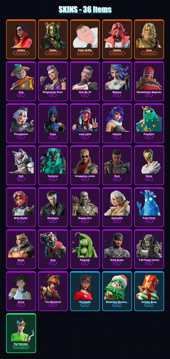 [SWITCH/XBOX/PC] | Joltara | Hades | Peter Griffin | Valeria | Zeus | 36 skin | 63 pickaxe | 55 emote | 56 glider | Lv1068 — Fortnite account