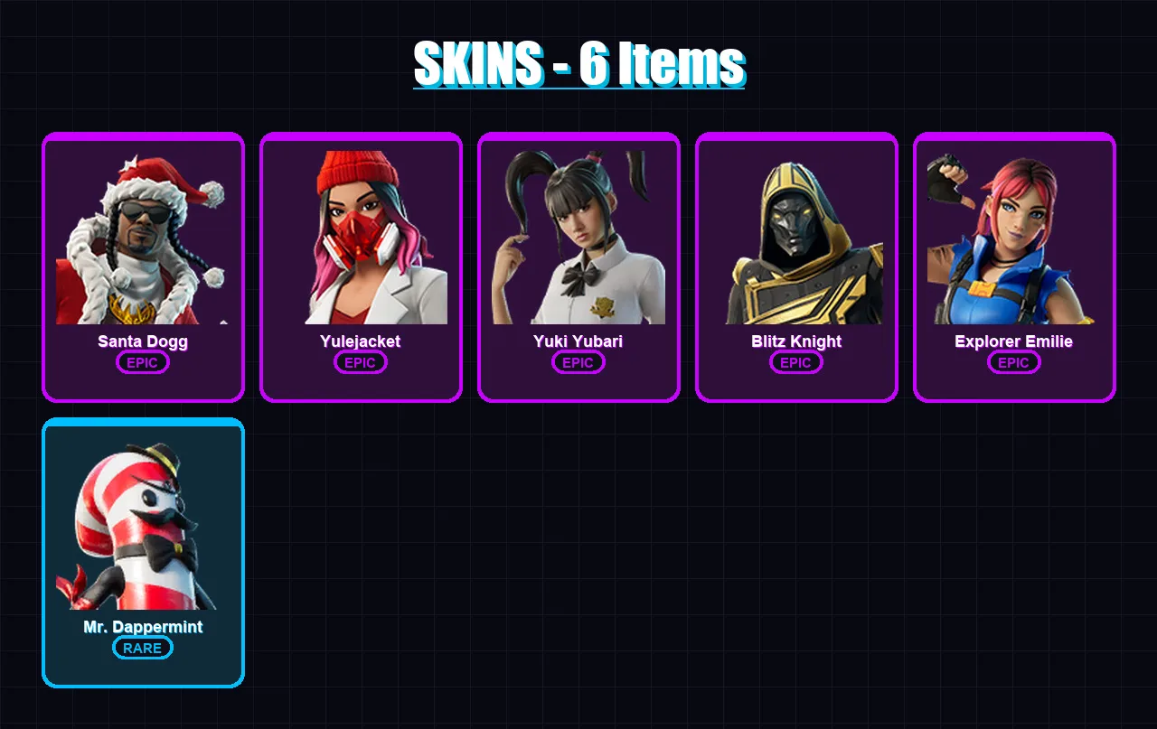 [PC/PSN] | Santa Dogg | Yulejacket | Yuki Yubari | Blitz Knight | Explorer Emilie | 6 skin | 42 pickaxe | 16 emote | 28 glider | Lv308