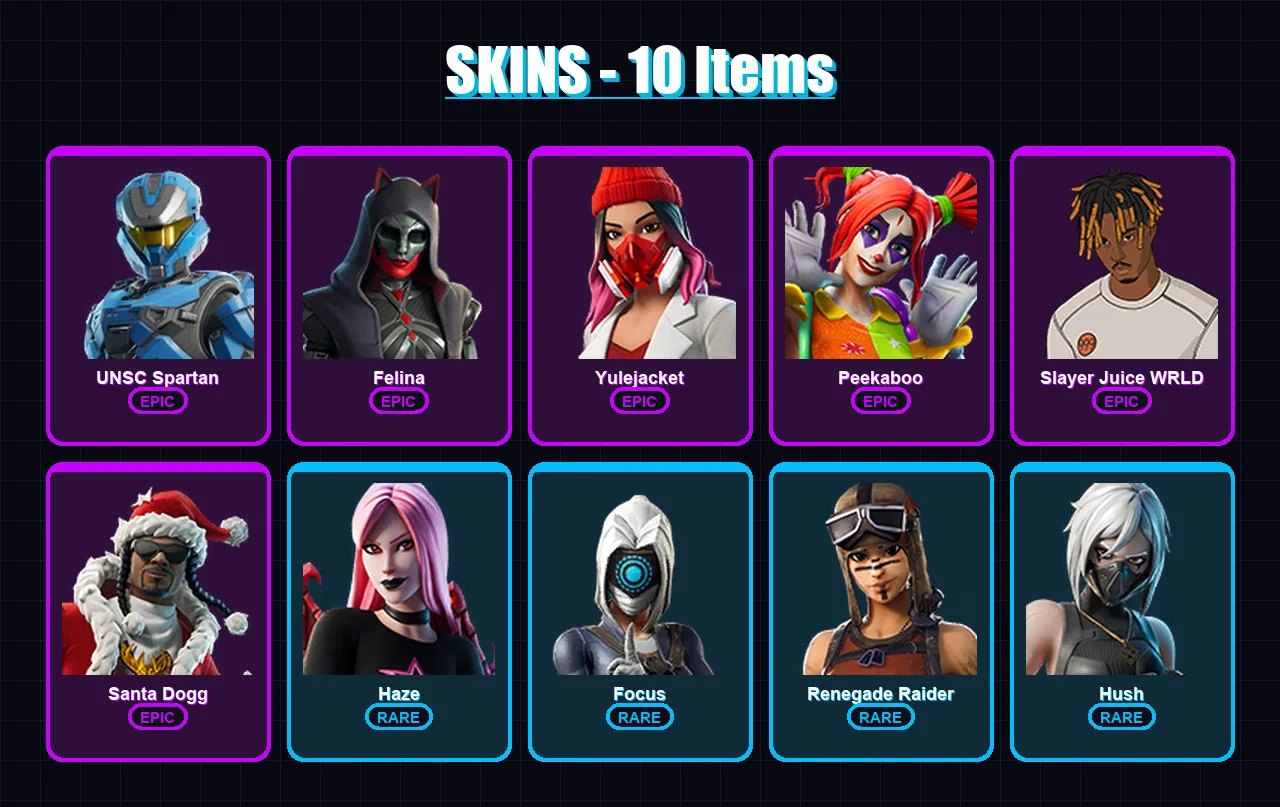 [PC/XBOX] | UNSC Spartan | Felina | Yulejacket | Peekaboo | Slayer Juice WRLD | 10 skin | 71 pickaxe | 27 emote | 41 glider | Lv1395