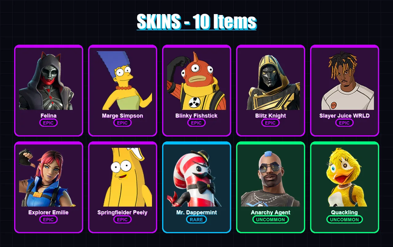 [PC] | Felina | Marge Simpson | Blinky Fishstick | Blitz Knight | Slayer Juice WRLD | 10 skin | 48 pickaxe | 18 emote | 25 glider | Lv545