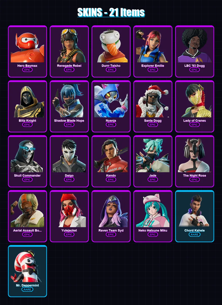 [PC/XBOX] | Hero Baymax | Renegade Rebel | Durrr Taisho | Explorer Emilie | LBC '93 Dogg | 21 skin | 35 pickaxe | 17 emote | 23 glider | Lv193