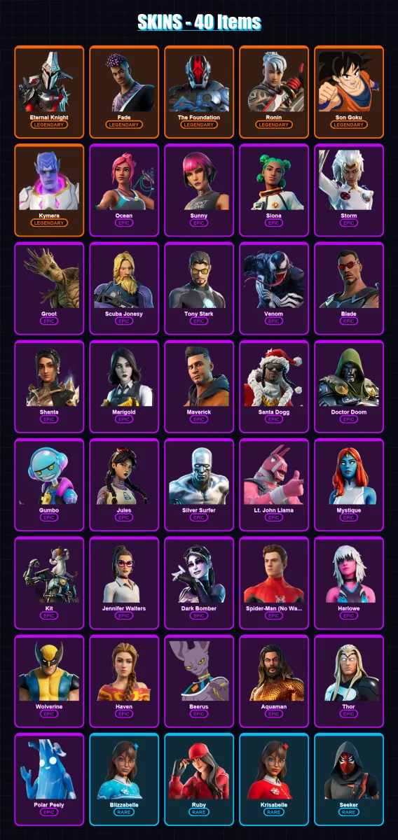 [SWITCH/XBOX/PSN/PC] | Eternal Knight | Fade | The Foundation | Ronin | Son Goku | 40 skin | 52 pickaxe | 61 emote | 46 glider | Lv589
