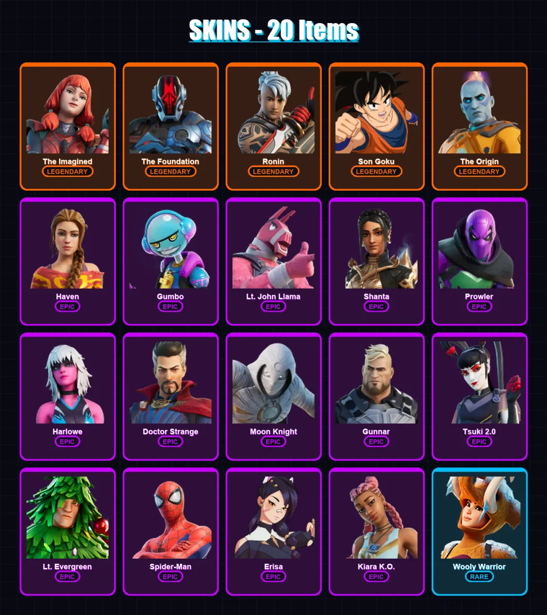 [PS4/PS5/XBOX/PC] | The Imagined | The Foundation | Ronin | Son Goku | The Origin | 20 skin | 32 pickaxe | 33 emote | 38 glider | Lv706