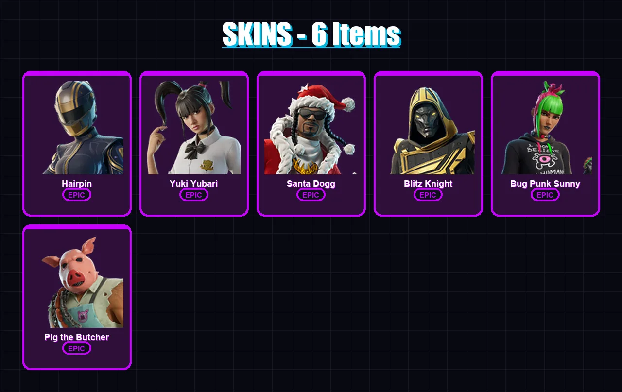 [PC/PSN] | Hairpin | Yuki Yubari | Santa Dogg | Blitz Knight | Bug Punk Sunny | 6 skin | 39 pickaxe | 14 emote | 24 glider | Lv304