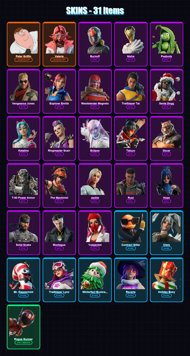 [PC/XBOX/PSN] | Peter Griffin | Valeria | Burnoff | Nisha | Peabody | 31 skin | 48 pickaxe | 27 emote | 38 glider | Lv410