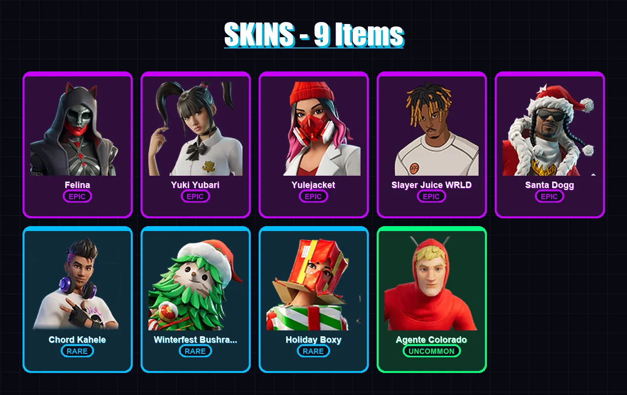 [PC/XBOX/PSN] | Felina | Yuki Yubari | Yulejacket | Slayer Juice WRLD | Santa Dogg | 9 skin | 52 pickaxe | 23 emote | 39 glider | Lv616