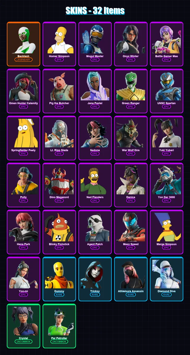 [PC/XBOX/PSN] | Backlash | Homer Simpson | Mogul Master | Onyx Winter | Battle Gamer Mae | 32 skin | 46 pickaxe | 37 emote | 25 glider | Lv551