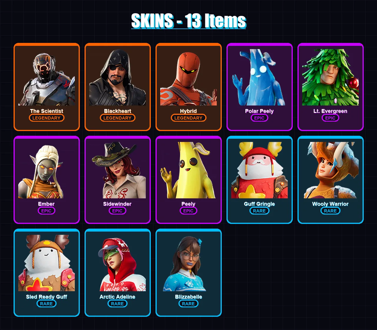 [PC/XBOX] | The Scientist | Blackheart | Hybrid | Polar Peely | Lt. Evergreen | 13 skin | 24 pickaxe | 38 emote | 36 glider | Lv544