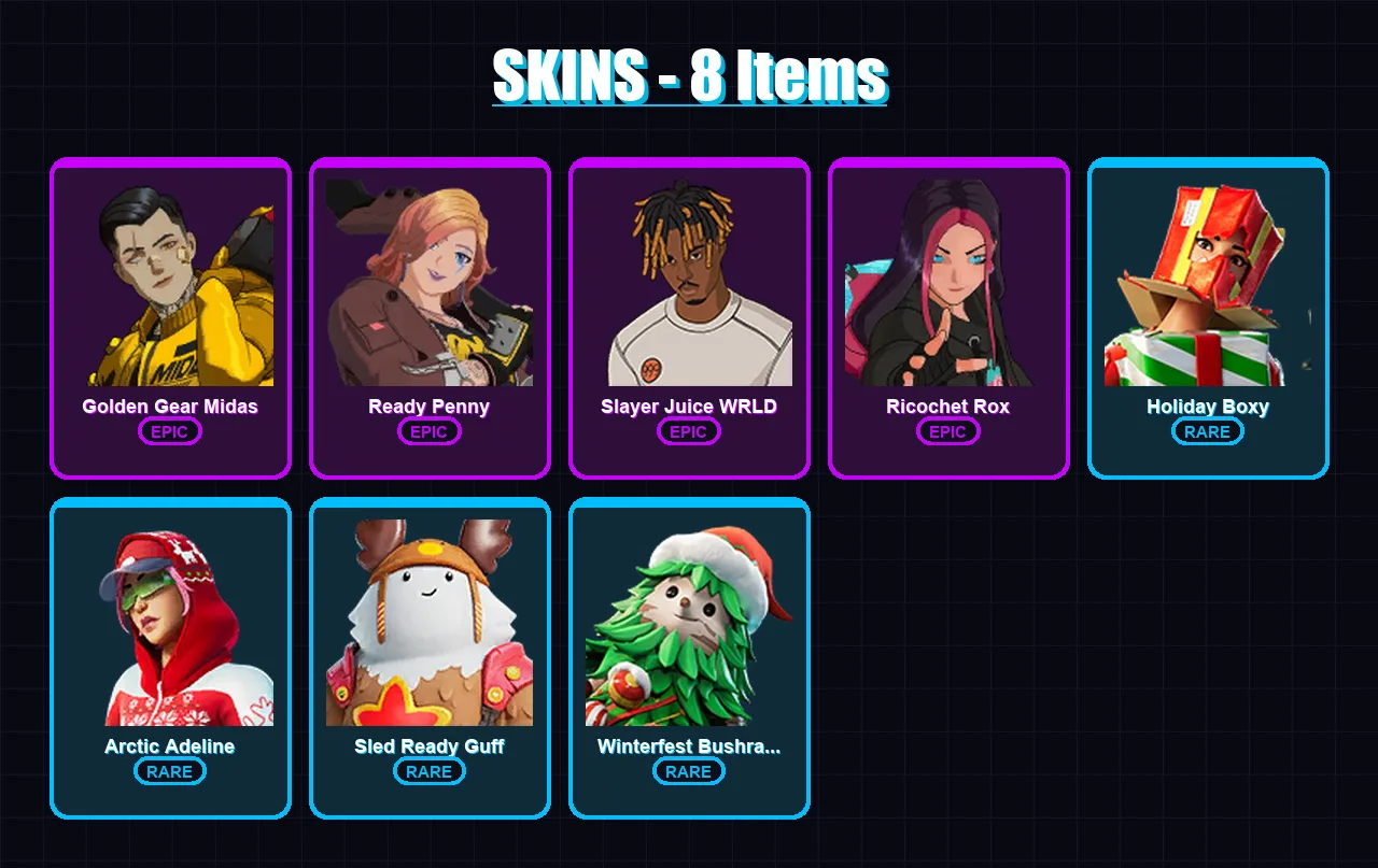 [PC/XBOX] | Golden Gear Midas | Ready Penny | Slayer Juice WRLD | Ricochet Rox | Holiday Boxy | 8 skin | 26 pickaxe | 13 emote | 27 glider | Lv312