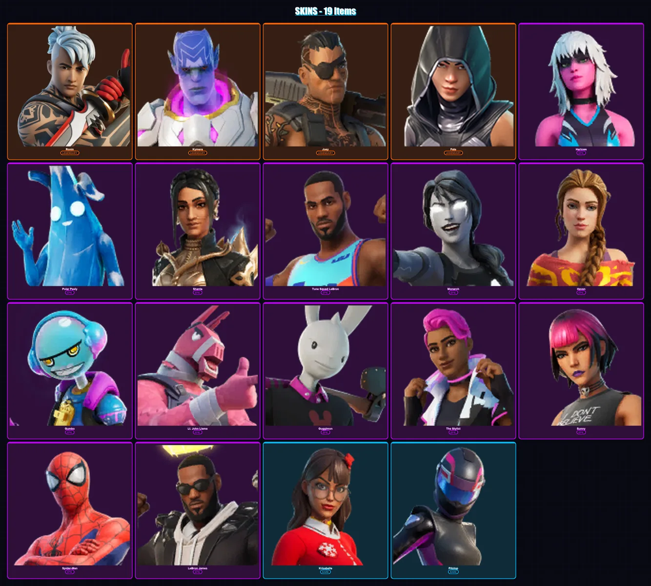 [PS4/PS5/XBOX/PC] | Ronin | Kymera | Joey | Fate | Harlowe | 19 skin | 18 pickaxe | 15 emote | 16 glider | Lv344