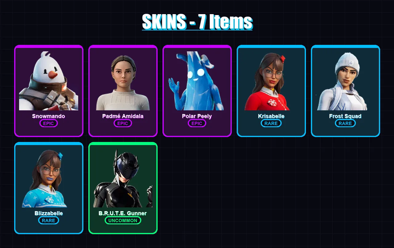 [SWITCH/PC] | Snowmando | Padmé Amidala | Polar Peely | Krisabelle | Frost Squad | 7 skin | 22 pickaxe | 15 emote | 16 glider | Lv368