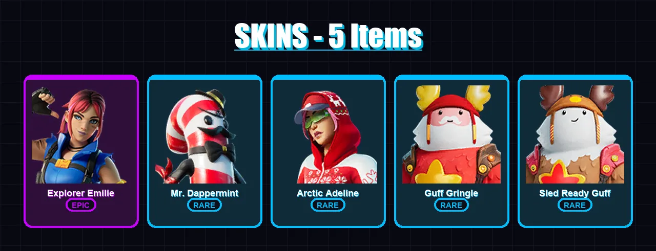 [PC/XBOX/PSN] | Explorer Emilie | Mr. Dappermint | Arctic Adeline | Guff Gringle | Sled Ready Guff | 5 skin | 4 pickaxe | 3 emote | 7 glider | Lv60