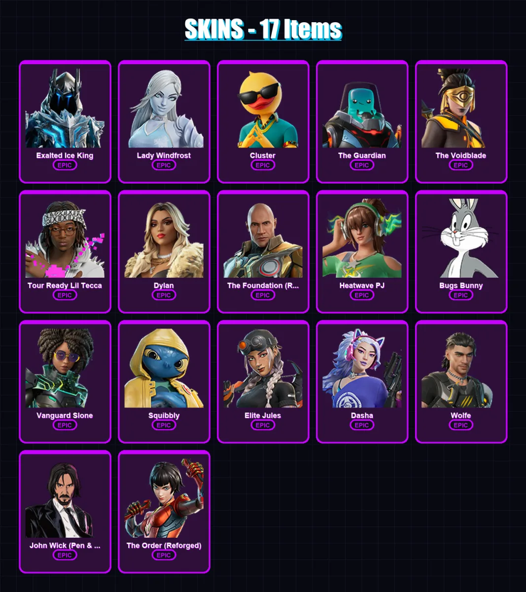 [PC/XBOX/PSN] | Exalted Ice King | Lady Windfrost | Cluster | The Guardian | The Voidblade | 17 skin | 37 pickaxe | 23 emote | 35 glider | Lv521