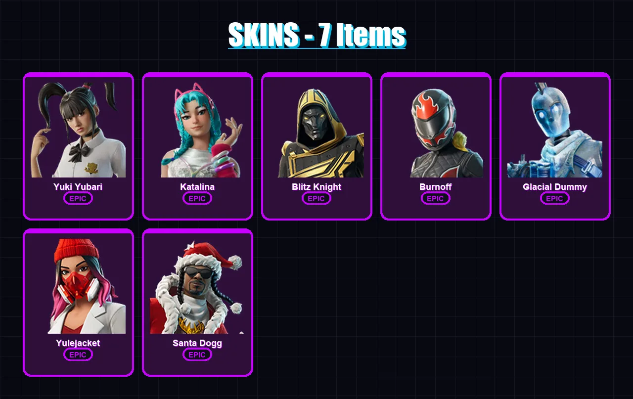 [PC/PSN] | Yuki Yubari | Katalina | Blitz Knight | Burnoff | Glacial Dummy | 7 skin | 50 pickaxe | 14 emote | 27 glider | Lv347