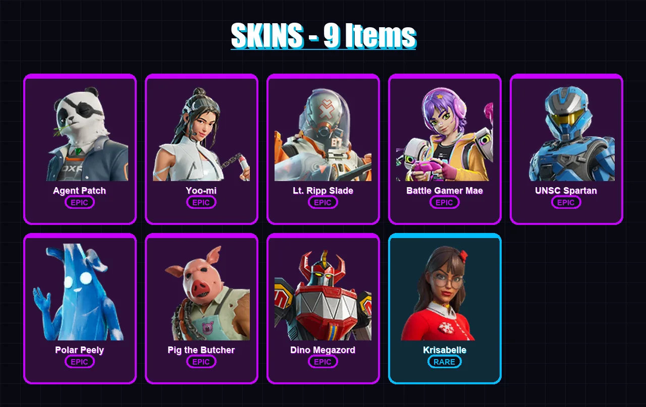 [PC/PSN] | Agent Patch | Yoo-mi | Lt. Ripp Slade | Battle Gamer Mae | UNSC Spartan | 9 skin | 37 pickaxe | 24 emote | 28 glider | Lv486