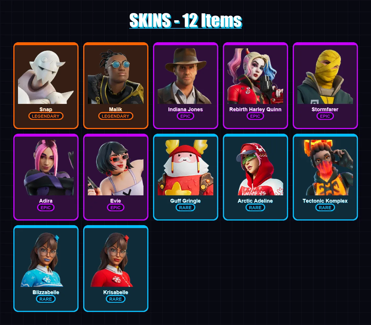 [PC/XBOX/PSN] | Snap | Malik | Indiana Jones | Rebirth Harley Quinn | Stormfarer | 12 skin | 21 pickaxe | 17 emote | 19 glider | Lv242