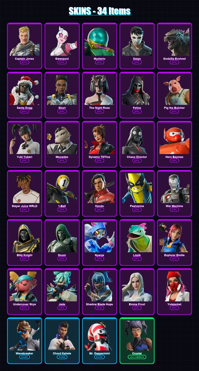 [PC/XBOX] | Captain Jones | Gwenpool | Mysterio | Daigo | Godzilla Evolved | 34 skin | 68 pickaxe | 35 emote | 39 glider | Lv502 — Fortnite account