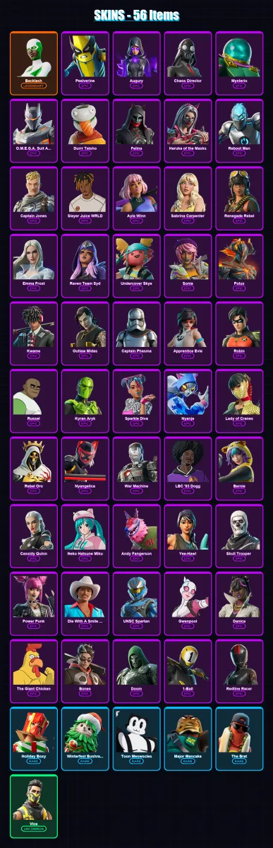 [PC/XBOX/PSN] | Backlash | Peelverine | Augury | Chaos Director | Mysterio | 56 skin | 52 pickaxe | 34 emote | 23 glider | Lv250 — Fortnite account