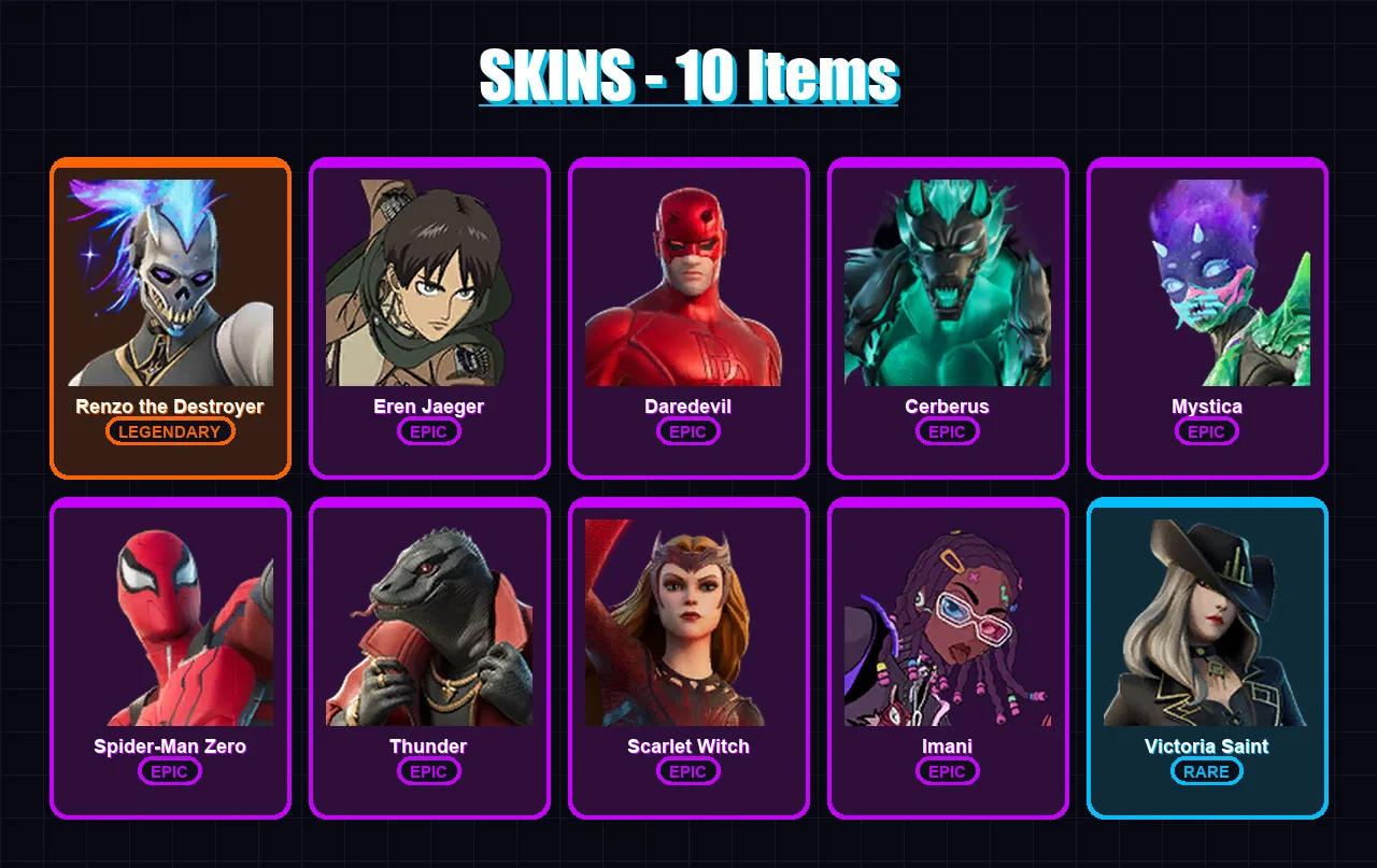 [PC/XBOX/PSN] | Renzo the Destroyer | Eren Jaeger | Daredevil | Cerberus | Mystica | 10 skin | 13 pickaxe | 14 emote | 14 glider | Lv144