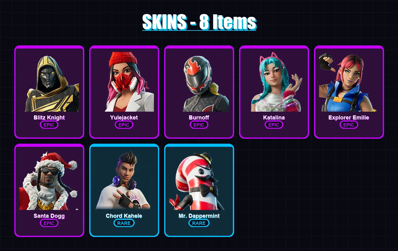 [PC/PSN] | Blitz Knight | Yulejacket | Burnoff | Katalina | Explorer Emilie | 8 skin | 34 pickaxe | 9 emote | 19 glider | Lv401
