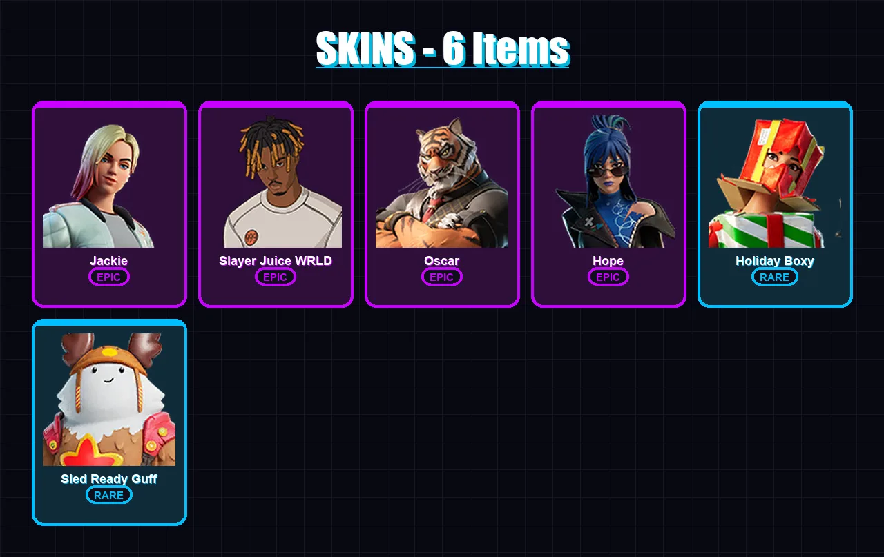 [PC/XBOX] | Jackie | Slayer Juice WRLD | Oscar | Hope | Holiday Boxy | 6 skin | 12 pickaxe | 9 emote | 19 glider | Lv215