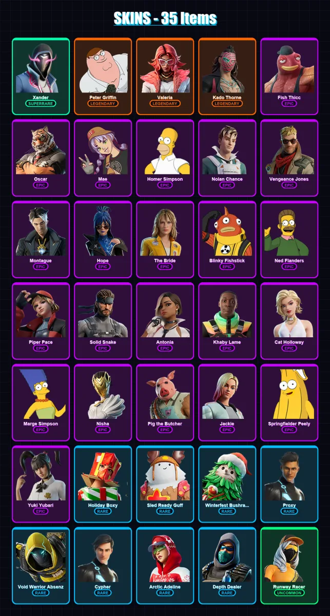 [PC/XBOX/PSN] | Xander | Peter Griffin | Valeria | Kado Thorne | Fish Thicc | 35 skin | 71 pickaxe | 53 emote | 66 glider | Lv1631