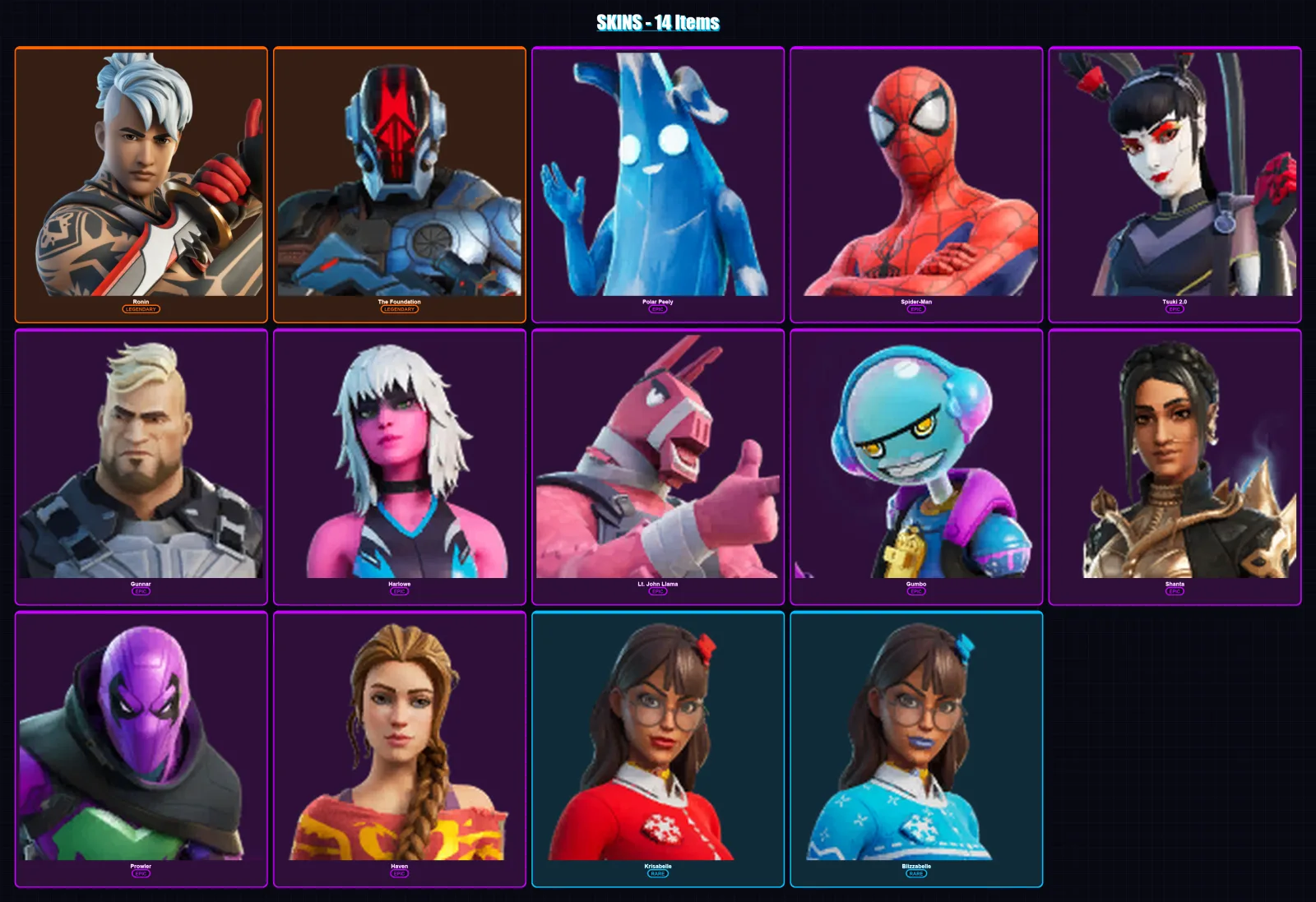 [PC/XBOX/PSN] | Ronin | The Foundation | Polar Peely | Spider-Man | Tsuki 2.0 | 14 skin | 21 pickaxe | 14 emote | 21 glider | Lv368